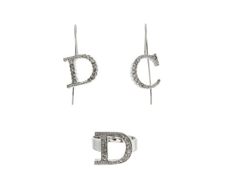 Christian Dior, a rhinestone embellished logo ring with matching earrings, featuring an adjustable D logo ring with C and D m