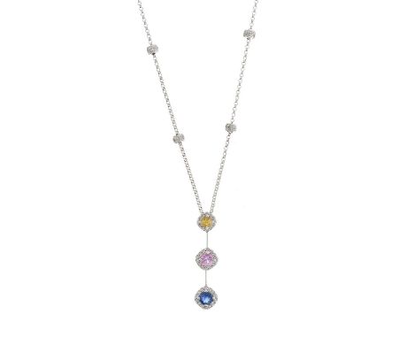An 18ct gold vari-hue sapphire and brilliant-cut diamond triple cluster drop pendant, with knife-edge spacers, suspended from