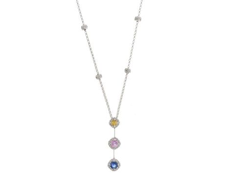 An 18ct gold vari-hue sapphire and brilliant-cut diamond triple cluster drop pendant, with knife-edge spacers, suspended from