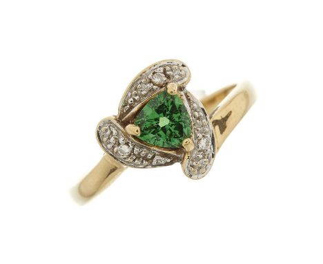 An 18ct gold green garnet dress ring, with brilliant-cut diamond accent surround and asymmetric shoulders, hallmarks for Birm