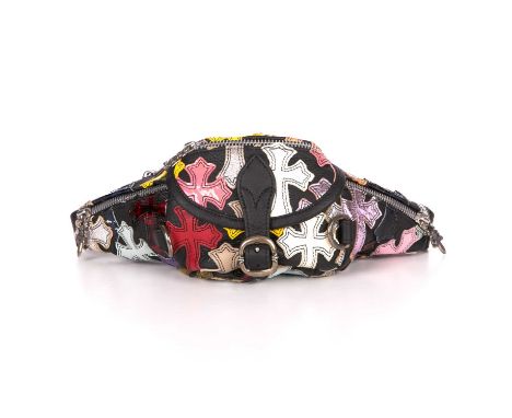 Chrome Hearts, a rare Multi Cross Cemetery waist bag, crafted from black leather, featuring multicoloured cross patches throu