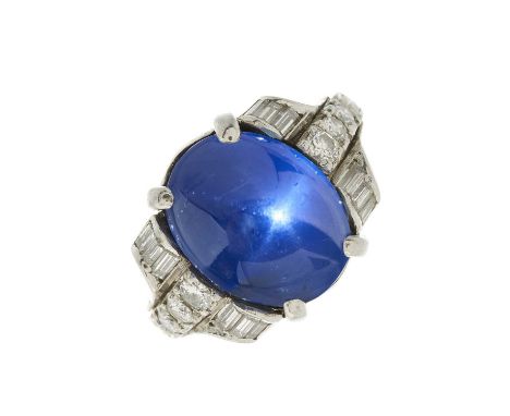 A very fine Art Deco platinum, Sri Lankan star sapphire cabochon and vari-cut diamond dress ring, with report from GCS, stati