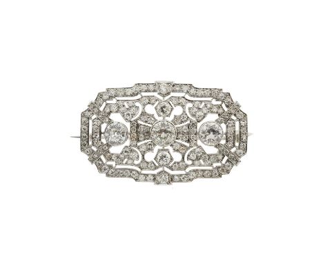 An early 20th century old and single-cut diamond openwork brooch, estimated total diamond weight 5.50ct, principal three diam