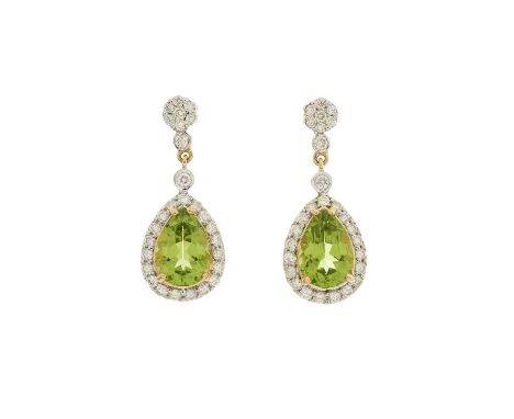 A pair of 18ct gold peridot and brilliant-cut diamond cluster drop earrings, with similarly-cut diamond floral cluster surmou