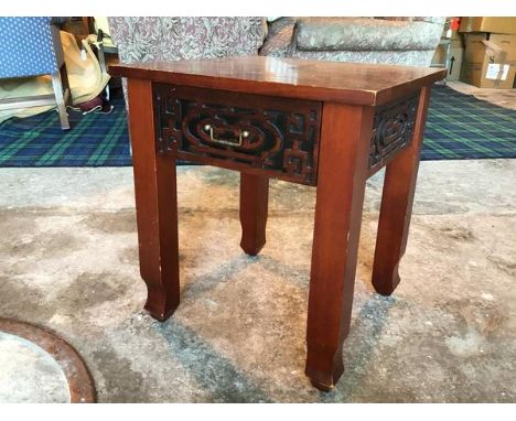 A Chinese square lamp table with blind fretwork to each side, fitted single drawer, on straight supports ending in moulded fe