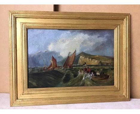 19thc. School, Seascape with Boats, oil on canvas (22cm x 34cm)