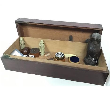 A mixed lot including a mahogany box with lift up top (14cm x 49cm x 18cm), a treen figure of an Owl, a compass in wooden box