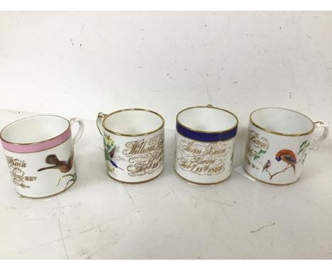 A set of four Victorian painted cups commemorating the birth of four Bain children, each cup stating the name and birth date 