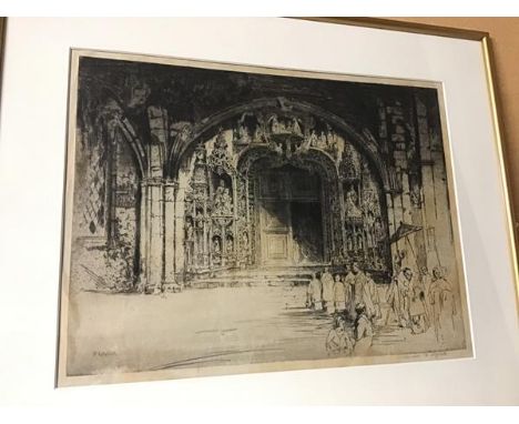 A. Affleck, Procession entering Door to Cathedral, etching, signed by artist bottom right (30cm x 40cm)