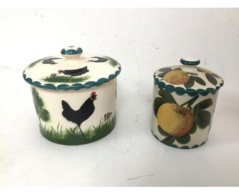 An early 19thc Wemyss preserve jar with citrus decoration, complete with lid (11cm x 9cm) and a later Griselda Hill Wemyss li