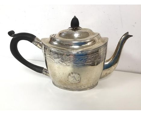 An 1800 London silver teapot, with makers mark PBAEWE (?) to base, with ebonised wood finial and handle and the initial A to 