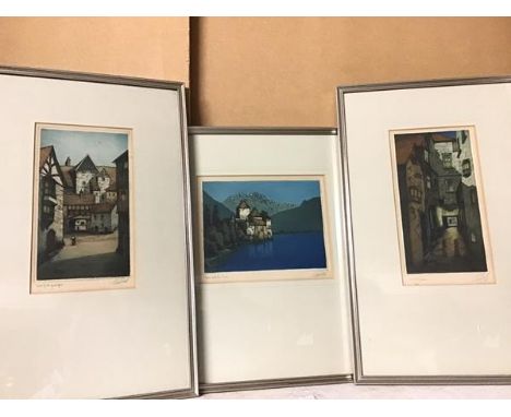 L. E. Verdier, Soho, London, etching with aquatint, signed bottom right, paper label verso (27cm x 14cm) with Old Guildford, 