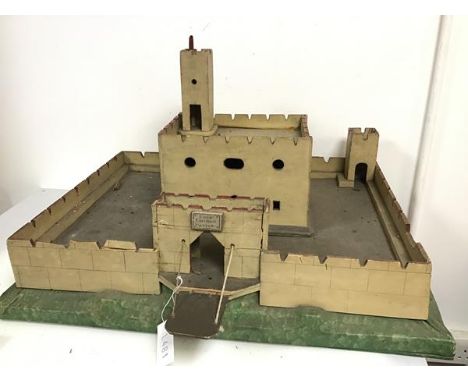 A 1940s/50s wooden toy castle, gate bears painted plaque Loch Lomond Castle above drawbridge, with unattached keep (a/f) (44c