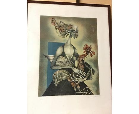 Frederick Bouche, Surrealist Woman with Rooster, lithograph, no. 8/100, signed bottom right with inscriptions verso (46cm x 3