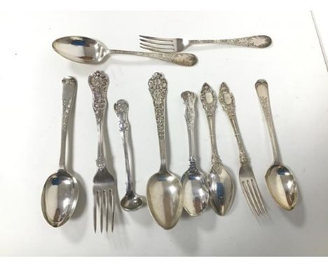 A collection of 19thc silver including Glasgow silver fork and small ladle, stamped J &amp; WM (combined: 319.31g)
