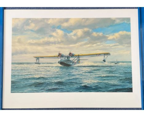 Roy Cross 27.5X19.5 Colour Print Titled Catalina Take Off. Print shows a Catalina sea plane taking off from the sea. Printed 