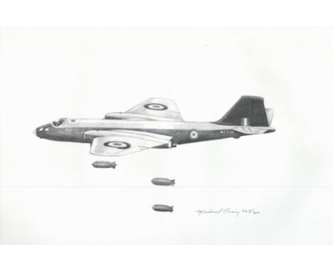WW2 Aviation Artist Michael Craig Signed 263/300 Pencil Drawn Black and White Print of RAF Bomber Jet Measuring approx 16x10 