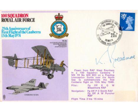 Fg Off KGW Breadmore Personally Signed 100 Squadron 25th Anniversary Of First Flight of the Canberra 13th May 1974 Extra Spec