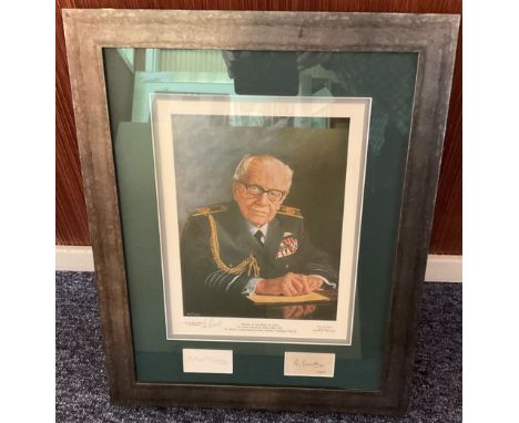 WW2 RAF Arthur Harris and one other Signed Signature Cards with Stan Baldock Signed Colour Artwork Print of Harris in Frame M