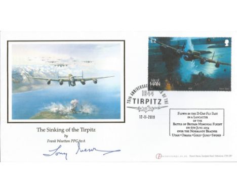 WW2 Sqn Ldr Tony Iveson Signed The Sinking of the Tirpitz Flown FDC with Stamps and Postmarks. Image shows Frank Wootton Prin