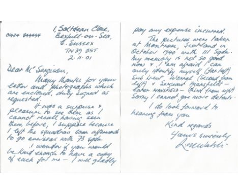 WW2 RAF Sub/Lt.(FAA) R W M Walsh Handwritten, Hand signed Letter Dated 2.11.01. Letter Gives Reference to returning photos si