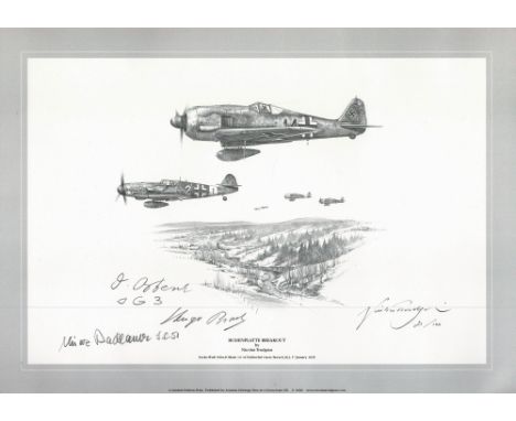 WW2. Nicolas Trudgian Multi Signed Bodenplatte Breakout Black and White Print Measuring 16x12 Overall. Limited Edition 21/100