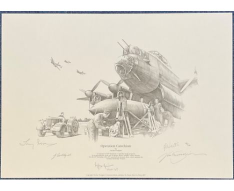 WW2 Multi Signed Nicolas Trudgian pencil drawn Print titled Operation Catechism. Signed by 617 Squadron Fighter Pilots Tony I