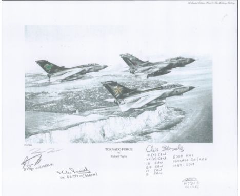 Aviation. Richard Taylor Pencil Drawn Print Titled Tornado Force 13x11 in size MULTI SIGNED by Tornado Pilots Flt Lt Chris St