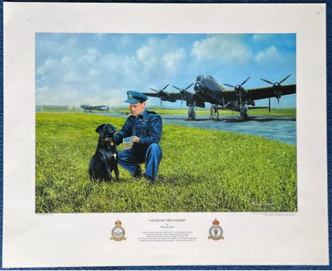 WW2 Michael Smart Colour 21x17 Print titled After Me The Floods. Print shows Guy Gibson with his dog Nigger. Small crease to 