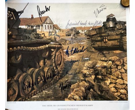 German Panzer Heroes multiple signed WW2 Print 20 autographs.12 x 11 inch colour wartime Panzer Tank print signed post war by