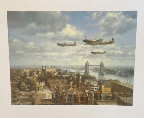 John Young 24X20 Colour Print Titled Spitfires Over London. Printed in Great Britain. SPS/7050. Print Shows Spitfires Flying 