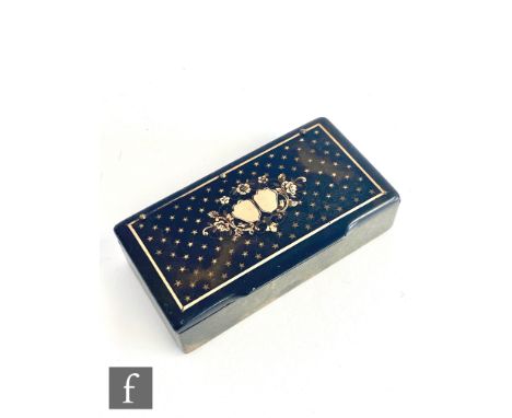 A 19th Century gold pique work rectangular snuff box, decorated with a bouquet of flowers and two cartouches within a line an