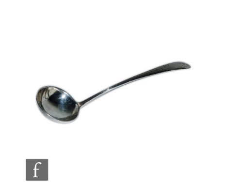 An Irish provincial silver sauce ladle with bright cut border and vacant cartouche, length 20cm, weight 34g, John Nicolson, C