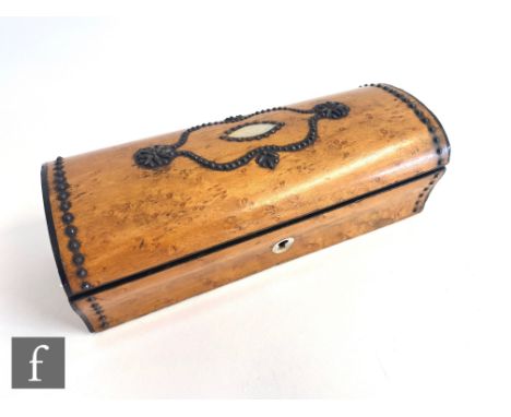 A 19th Century Palais Royal domed maple sewing box, reverse mirror inset lid fitted with a tray containing mother of pearl to