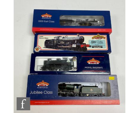 Four OO gauge Bachmann locomotives, comprising 31-177DS 4-6-0 Jubilee Class BR green 'Kolhapur', 31-085 4-4-0 Earl Class BR b