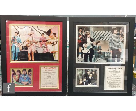 Two framed The Beatles and The Rolling Stones montages, to include reproduction colour photographs and album listings, each f