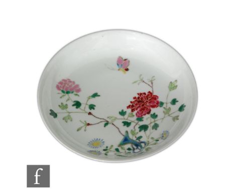 A Chinese famille rose dish, Jiangqing seal mark (1796-1820), the circular form dish with shallow well decorated with chrysan