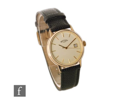 A gentleman's 9ct hallmarked quartz wrist watch, batons and date facility to a cream dial, presentation engraving to case, al
