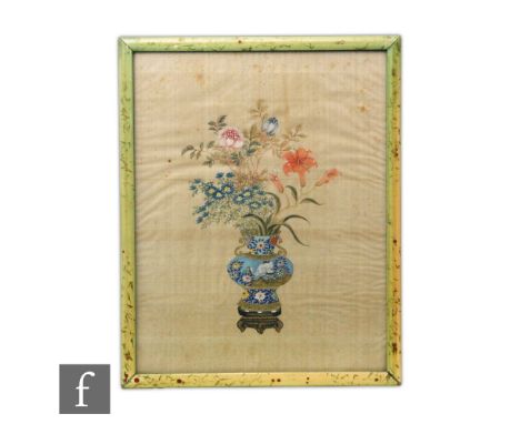 A Chinese late Qing Dynasty (1644-1912) silk drawing, painted with cloisonne vase brimming with flowers, 34cm x 25cm, framed 