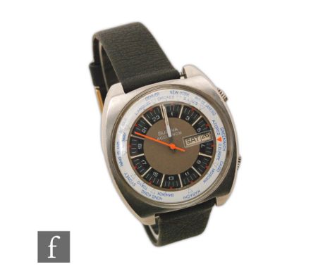 A gentleman's Bulova Accutron World Timer stainless steel quartz wrist watch, Arabic numerals and batons to a two tone tan an