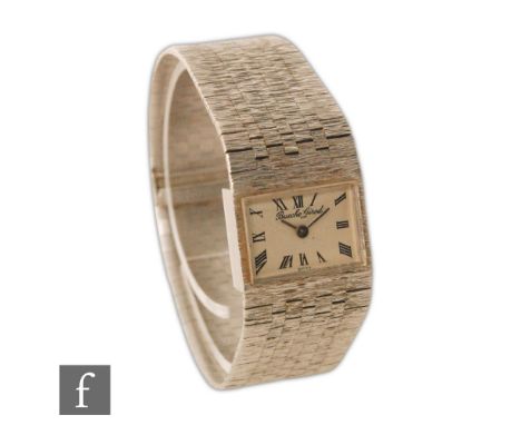 A lady's 9ct hallmarked white gold, manual wind, Bueche-Girod wrist watch, Roman numerals to a white rectangular dial and int