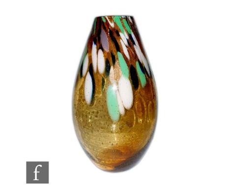 A large contemporary studio glass vase of ovoid form with white, green, pink and bronze aventurine spots over an amber ground