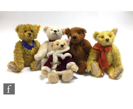 Five Steiff teddy bears, Musical Bear Teddy Bear's Picnic, white tag 662607, UK and Ireland exclusive, golden mohair, height 