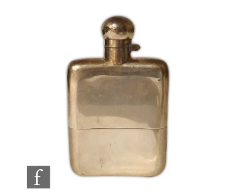 A hallmarked silver cushioned rectangular hip flask terminating in bayonet cap, length 13.5cm, weight 7oz, Sheffield 1915, Ja