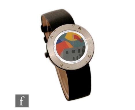 A 1989 limited edition Omega Art watch, the reverse designed by Emilo Tadini with a red flag flying from a grey building with