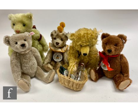 Five Steiff Club Edition teddy bears, comprising 1998 School Beginner Bear, white tag 420139, green mohair with satchel, heig