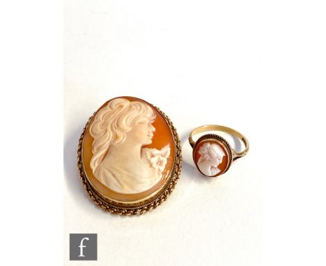 A modern 9ct hallmarked cameo brooch and ring both with a profile of a classical woman, total weight 11.5g. 