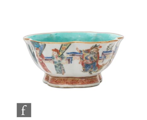 A Chinese famille rose 'Lotus' bowl, Tongzhi (1862-74) seal mark, the heavily potted foot bowl with lobed flowerhead form bow