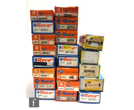 A collection of HO gauge rolling stock, to include seventeen Roco and four Piko, including silo wagon, stake wagon, refrigera