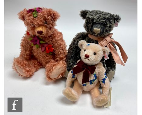 Three Steiff teddy bears, comprising Summer Festival in Giengen Bear, white tag 656620, with blue embroidered cornflowers on 